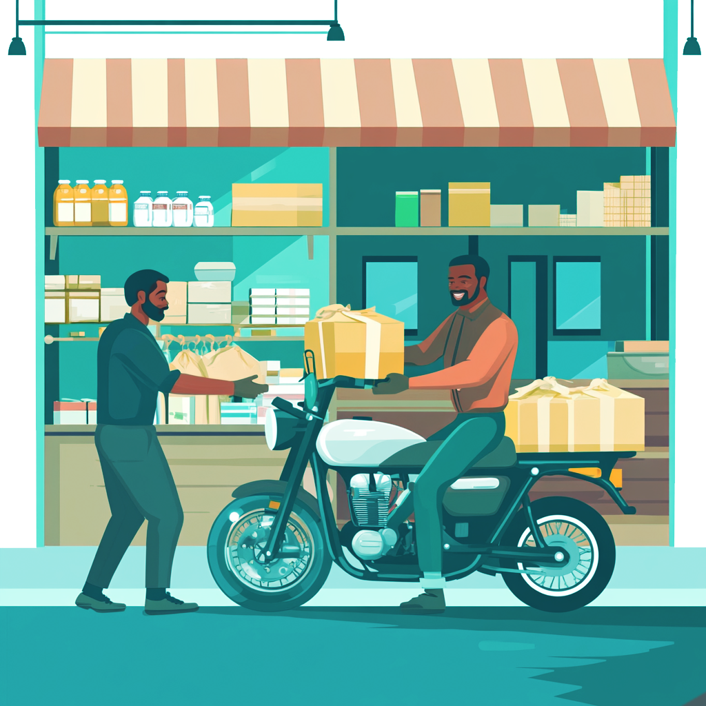 A man holding a delivery package in one hand, simulating pointng a gun to his head with his fingers